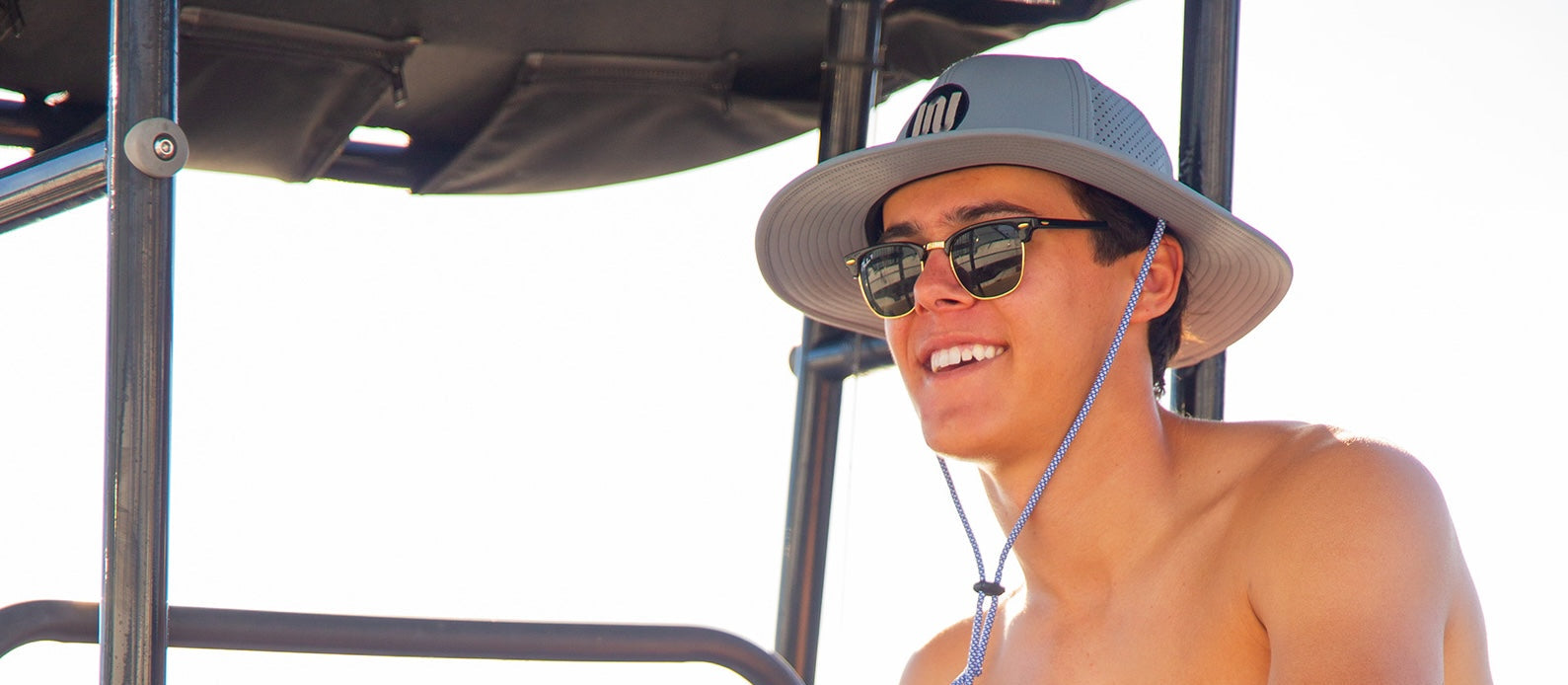Man wearing a wide-brimmed hat and sunglasses on a boat
